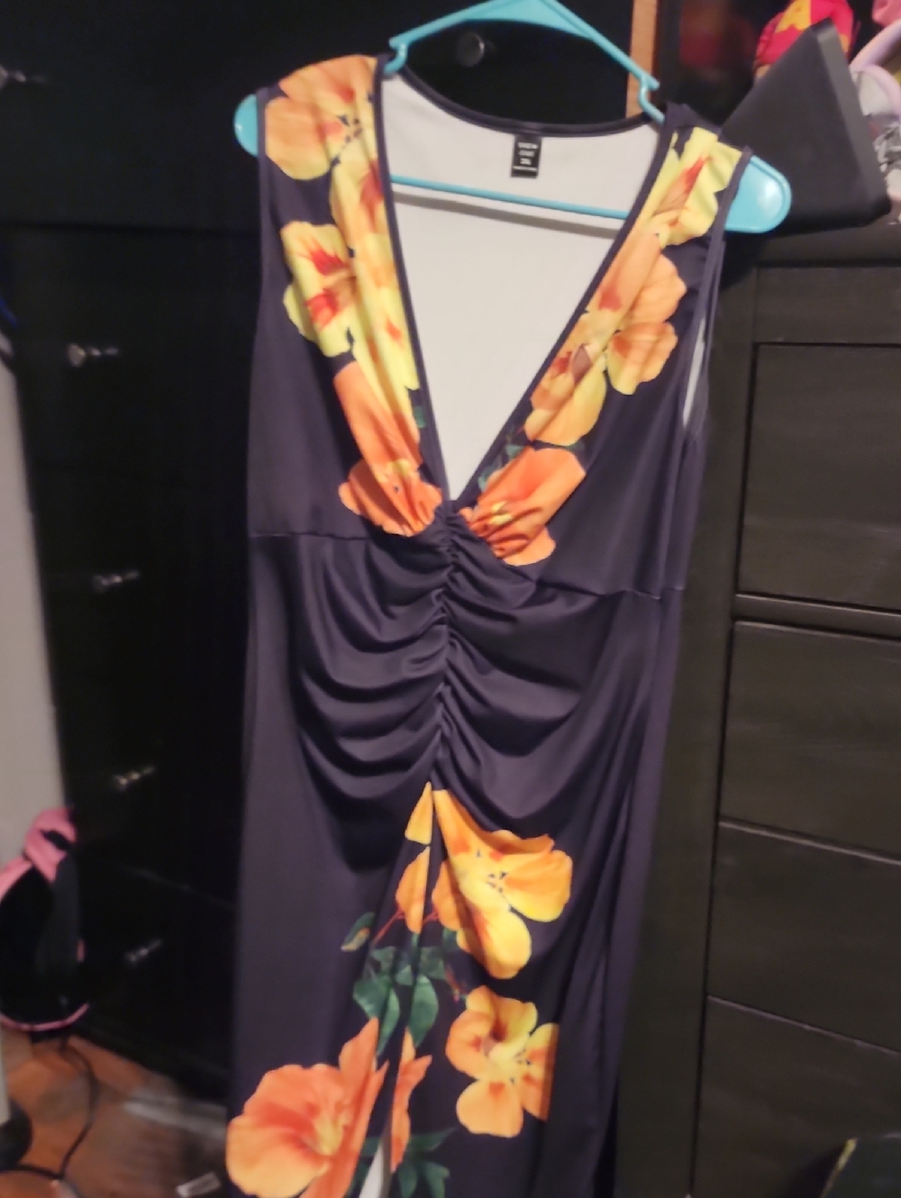 Black Floral Ruched V-Neck Maxi Dress - Yellow Orange Blooms